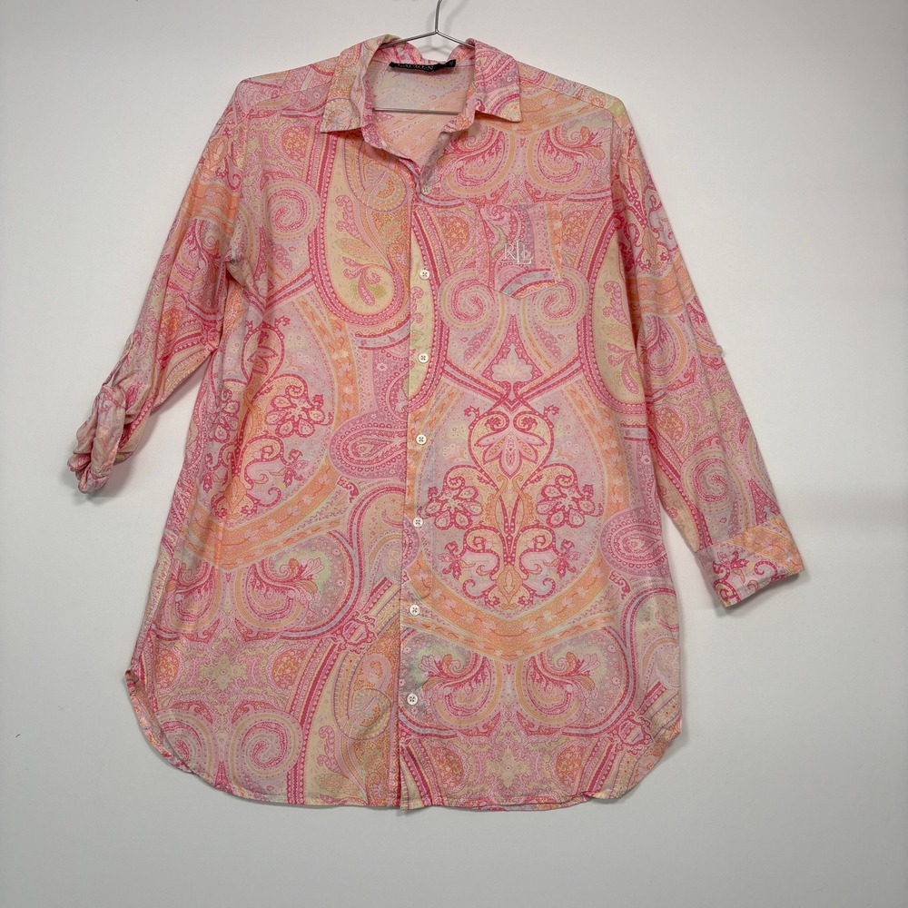 Lauren Ralph Lauren Women Night Shirt S Pink Paisley Roll Tab Button Down Sleep